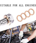 Magnetic Oil Drain Plug Kit M14x1.5 Thread for Oil Pan Replacement with five copper washers shown in car maintenance setting