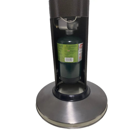 Close-up of base and propane tank of Tabletop Patio Heater With Adjustable 8,000 To 11,000 BTU Heat Heats Up To 275 Sq Ft Runs On 1lb Propane Tank Not Included Portable Outdoor Heat For Backyards Patios And Decks Great For Hangouts And Chillin