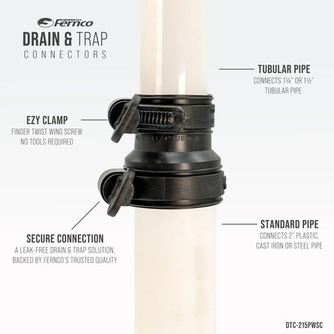 Tubular To 2 Inch Drain Pipe Flexible Adapter Coupling With EZYCLAMP Tool Free Bands, Fits 1.25 Or 1.5 Inch Tubular Piping Into 2 Inch DWV System, Quick Hand Tighten, No Screwdrivers, Glue Or Hardware, Easy Home Plumbing Fix. black PVC drain connector with hand-tight clamp