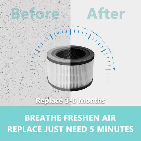 Before and after comparison of Vista 200 RF Replacement Filter Pack For Air Purifier With 3 In 1 Filtration showing clean air results