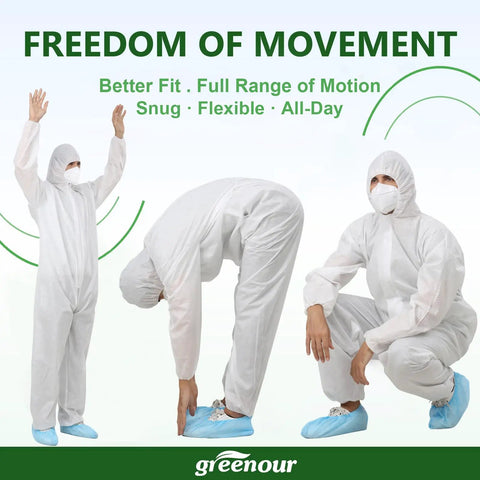 Models wearing Disposable Hazmat Coveralls With Hood Pack Of 12 White Breathable SMS Non Woven Painter Suit With Front Zip For Easy On