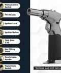 Dual Flame Butane Torch Gun For Cooking And Crafting Refillable with flame control and ignition lock, black finish