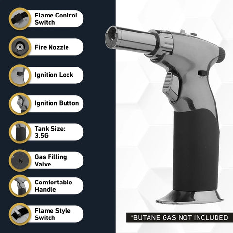 Dual Flame Butane Torch Gun For Cooking And Crafting Refillable with flame control and ignition lock, black finish