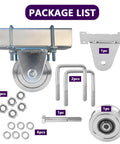 Package contents of heavy duty V-groove gate wheel kit, includes wheel, brackets, and hardware for sliding track gates installation.