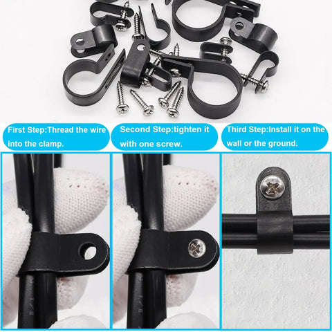 306-Piece Black Nylon R-Type Cable Clamps Kit With Screws For Easy Wire Management, steps to secure wires visible