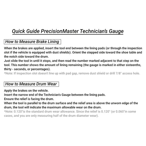 Front view of PrecisionMaster Technician's Gauge quick-guide sheet for brake lining and drum wear measurements