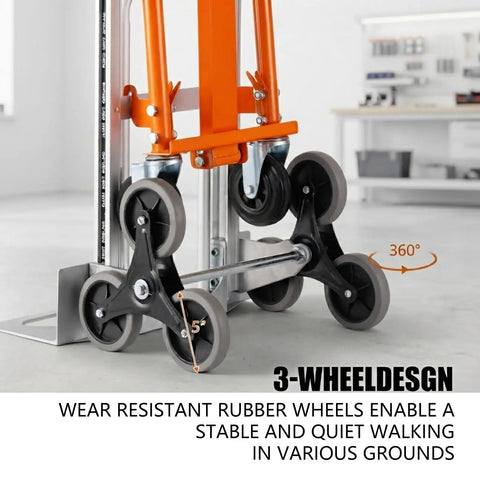 Beefy 4 In 1 Stair Climbing Hand Truck 1000 Lb Capacity Aluminum Foldable Dolly Utility Cart Heavy Duty Convertible With Upright Stair Climber 45 Degree Tilt Platform Cart And U Shaped Extension Solid Rubber Tri Wheels, close-up of 3-wheel stair-climbing base
