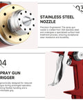 Stainless steel nozzle and ergonomic trigger of Garage Ready Hvlp Paint Sprayer Gun Kit With Five Precision Nozzles And Heavy Duty 1000Cc Cup.