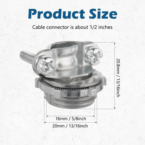 Close-up of a 1/2 inch zinc alloy cable connector with measurements, from 25 Pack Half Inch Clamp Type Cable Connectors With Zinc Alloy