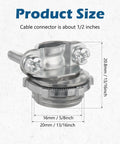 Heavy Duty Zinc Alloy Cable Connectors 50 Pack 1/2 Inch Wire Clamps For NM Cables And Metal Conduit size dimensions with measurements.