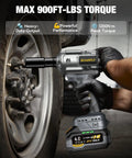 Heavy Duty Cordless Impact Wrench With Half Inch Drive Delivers 900 Foot Pounds Of Torque Brushless 21V Power Tool in use on truck tire
