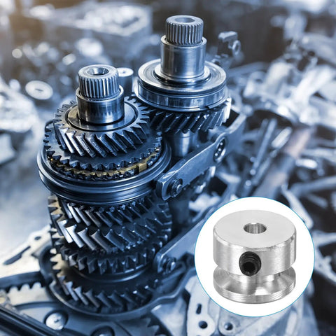 4mm Bore 16mm OD Single Groove Aluminum V Belt Pulley Kit With Hex Wrench For Motor Shafts Drilling Machines 2 Pack 4mm PU Round Belts Silver close-up on machine gears