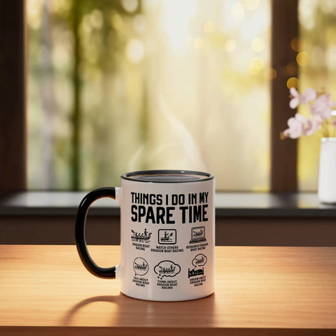 Dragon Boat Paddler Ceramic Mug For Dragonboating Fans And Teams, black and white design with text 'Things I Do In My Spare Time'.
