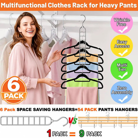 Heavy Duty Metal Hangers Six Pack Featuring Fifty Four Hooks For Massive Space Saving Closet Organization And College Dorm Essentials A Straight Up Dorm Room Game Changer Now with colorful pants organized on a multi-tier rack.