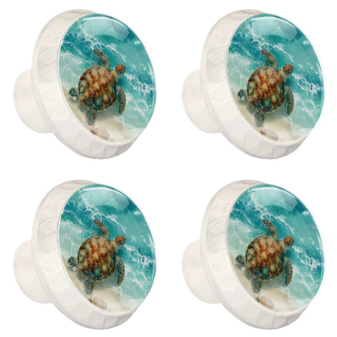 4 Pack Beach Themed Turtle And Starfish Cabinet Knobs with white ABS and crystal glass, showing ocean turtle design