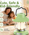 Snail Design Kids LED Lamp with USB Rechargeable Battery in green, portable lantern with safe PVC PP materials, indoors.