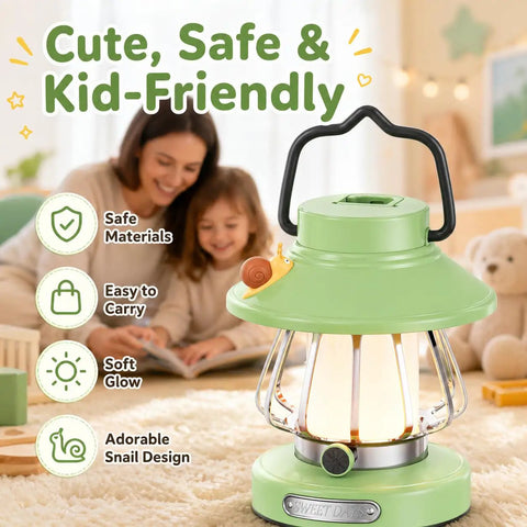Snail Design Kids LED Lamp with USB Rechargeable Battery in green, portable lantern with safe PVC PP materials, indoors.