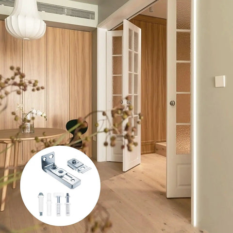 Interior view of a room with bifold door, inset shows 2-Pack Bifold Door Hardware Repair Kit for Closet and Pocket Doors.