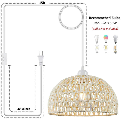 Rattan Pendant Light With Hemp Rope Cord, Boho Wicker Basket Shade, Cream Finish, Plug In Ceiling Fixture For Kitchen Island Or Dining Room
