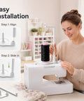 Heavy Duty Thread Spool Stand For Sewing Machines And Sweet White Cone Holder With Massive Capacity in use for easy installation steps.