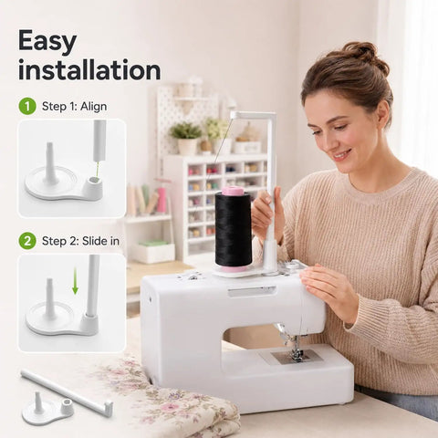 Heavy Duty Thread Spool Stand For Sewing Machines And Sweet White Cone Holder With Massive Capacity in use for easy installation steps.