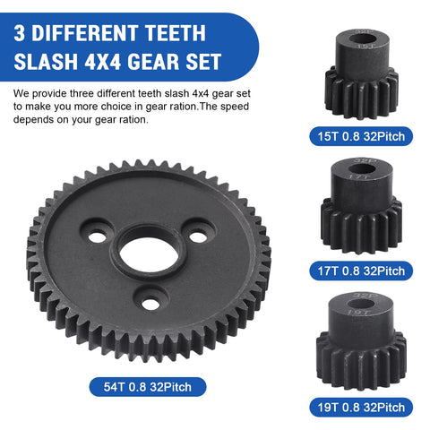 Heavy Duty Metal Spur Gear Kit 54T 32P With 15T 17T 19T Pinions For Slash 4x4 4WD VXL showing gear options with specs.
