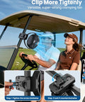Clip On Fan For Golf Cart With 150 Hours Battery Life attached to golf cart in use by golfers on a course.