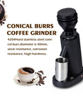 Game Changer Electric Coffee Grinder With Forty Millimeter Stainless Steel Conical Burrs And Nineteen Adjustable Grind Sizes For Perfect Drip French Press And Cold Brew Coffee Setup, showing the grinder with coffee.