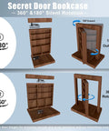 Wooden Murphy bookcase with hidden 360-degree rotating hinge and 180-degree outward swing for silent door operation.