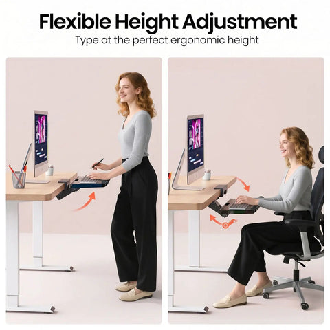 Woman using Ergonomic Under Desk Keyboard Tray With Sliding Platform And Built In Wrist Rest Storage Drawer And Easy Glide Mount