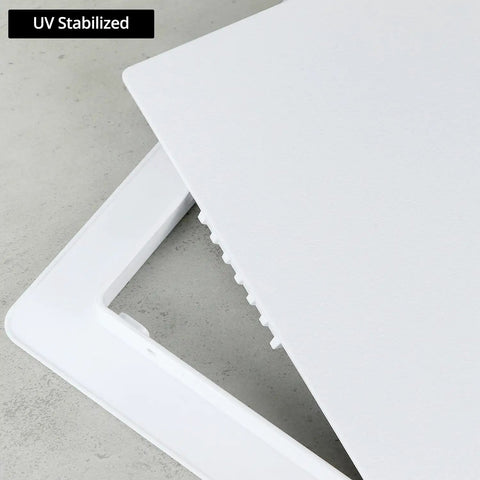Heavy Duty Plastic Access Panel For Drywall 18x18 Inch removable wall door shown with smooth finish and UV stabilized construction.