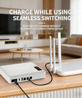 Heavy Duty 20800mAh Mini UPS Battery Backup For Network Routers And Cable Modems powers devices during outages in modern living room.