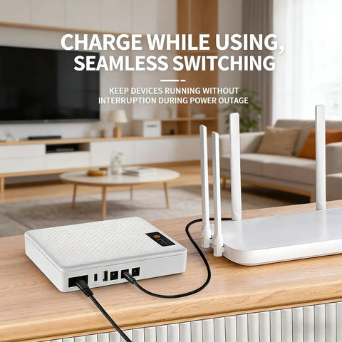Heavy Duty 20800mAh Mini UPS Battery Backup For Network Routers And Cable Modems powers devices during outages in modern living room.