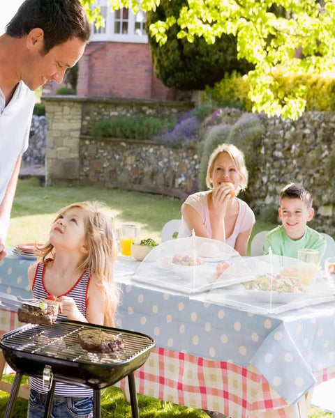Family using Six Pack Mesh Food Covers 17x17 Inches Pop Up Patio Net For Outdoor Dining White Nylon Bug Screen Tents For Picnics