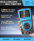 Close-up of two in one portable oscilloscope and multimeter with 1 MHz bandwidth and 2.5 Msps sampling, in blue housing.