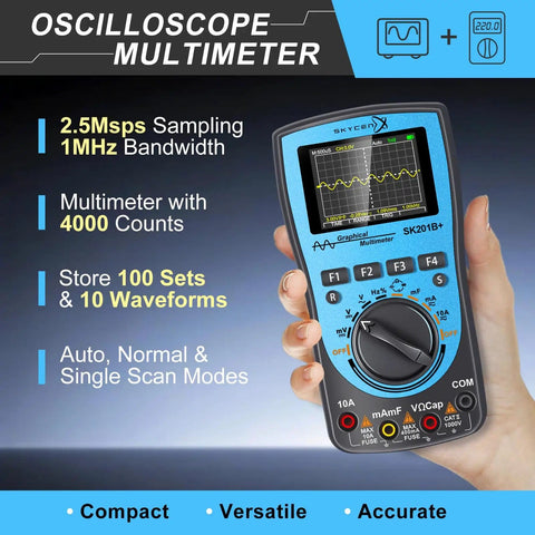 Close-up of two in one portable oscilloscope and multimeter with 1 MHz bandwidth and 2.5 Msps sampling, in blue housing.