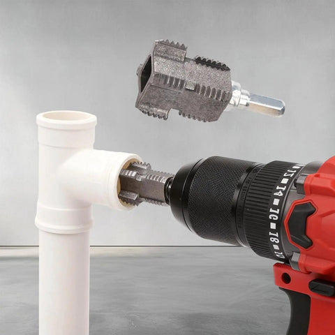 Electric Drill PVC Pipe Threader Kit With 1/2 Inch 3/4 Inch And 1 Inch Dies Reusable PVC Threading Tool Set in use on pipe