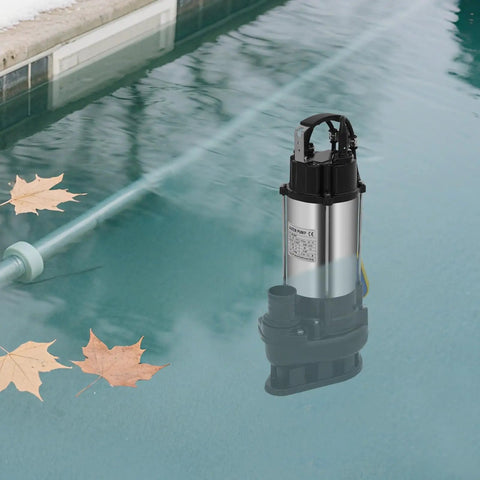 Heavy Duty Submersible Sump Pump With Tough As Nails Stainless Steel Body And Pure Copper Motor in water with fallen leaves.
