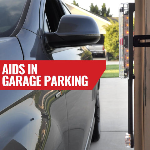 Garage Side Parking Sensor System With Ultrasonic Track Mount, LED Light And Siren Mirror Safety Indicator installed on garage track