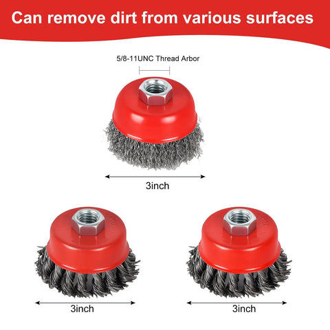 3 inch cups from 6 Piece Angle Grinder Wire Wheel Set with 5/8 Inch Eleven Threaded Arbor for rust removal and surface prep