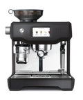 Level Up Your Daily Grind With This Pro Grade Bean To Cup Espresso Machine Featuring A Built In Grinder Automatic Milk Steamer And Sophisticated Black Truffle Design, front view with digital display.