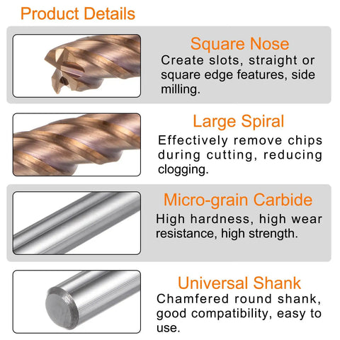 Pro Grade Ten Piece Carbide Square End Mill Set, 3.5mm Diameter, 4mm Shank, TiSiN Coated Micro Grain details illustration