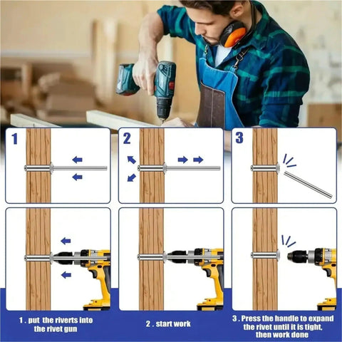 Illustrated steps for using Aluminum Blind Rivet Assortment Kit With Eight Sizes For Metal DIY Projects Auto Outdoor Gear And Home Upgrades Includes One Eighth Inch Five Thirty Second Inch And Three Sixteenth Inch Rivets In A Handy Organizer