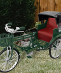 Deadset Cool Design 1:12 Scale Alloy Tricycle Model And Three Wheeled Rickshaw Miniature Figurine In Green for shelf display, featuring black roof and red seat.