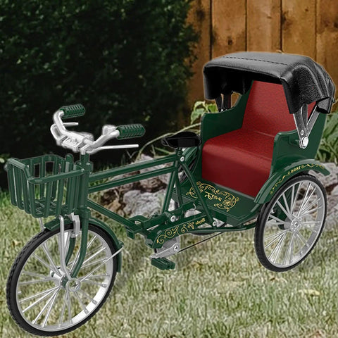 Deadset Cool Design 1:12 Scale Alloy Tricycle Model And Three Wheeled Rickshaw Miniature Figurine In Green for shelf display, featuring black roof and red seat.
