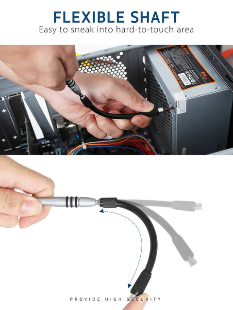 Person using flexible shaft of the Ultimate Magnetic Precision Screwdriver Set With 57 Bits And 63 In 1 Kit for PC repair.