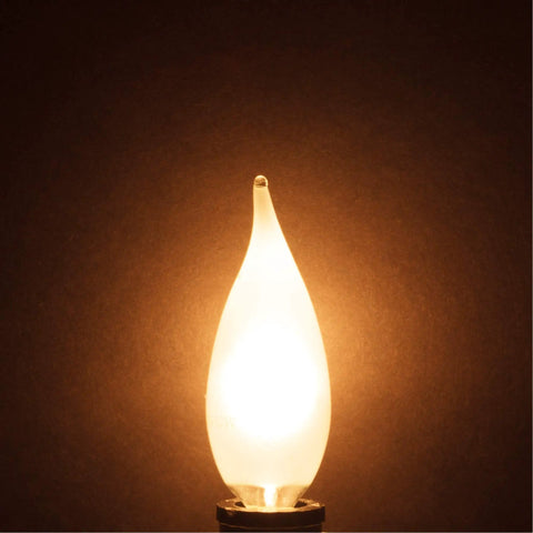 Single frosted flame tip bulb with warm glow from the Get This Awesome Pack Of Twelve Frosted Flame Tip Candelabra Incandescent Light Bulbs E12 Base