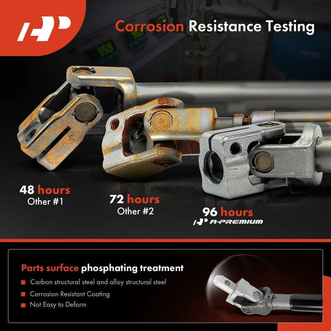 Three steering shaft joints (upper intermediate) with rusted and silver metal finishes; automotive parts
