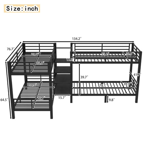 Diagram of Twin L Shaped Metal Bunk Bed With Storage Shelves And Safety Guardrail Space Saving Black Finish dimensions shown