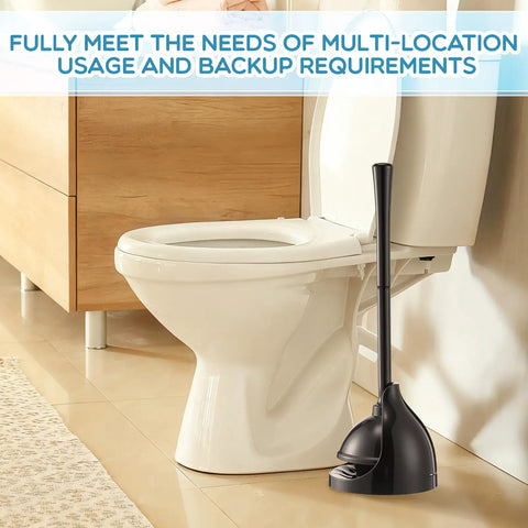 Heavy Duty Toilet Plunger Eight Piece Set Featuring Rock Solid Suction And Ergonomic Handles To Knock Out Stubborn Clogs Fast Without Any Sweat For Busy Households Across America, resting by a toilet.